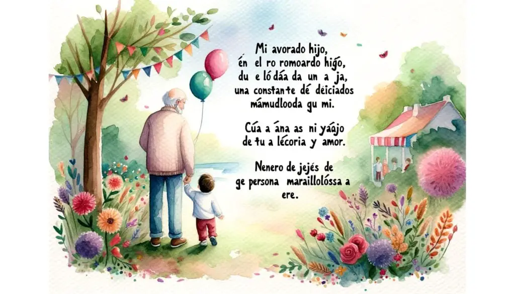 DALL·E 2023 10 22 15.37.14 Watercolor painting of a birthday card depicting a loving parent and child playing together in a park. The quote Mi adorado hijo en el dia de tu cu