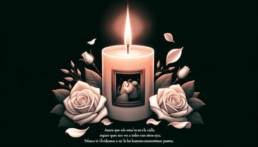 DALL·E 2023 10 22 23.55.45 Illustration of a candle glowing softly in the dark. The candles flame casts a gentle light illuminating a framed photograph of a happy moment share