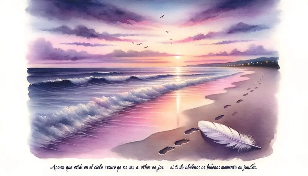 DALL·E 2023 10 22 23.56.00 Watercolor painting of a quiet beach at dusk. Gentle waves wash upon the shore and the horizon is painted in hues of purple and pink. A single white