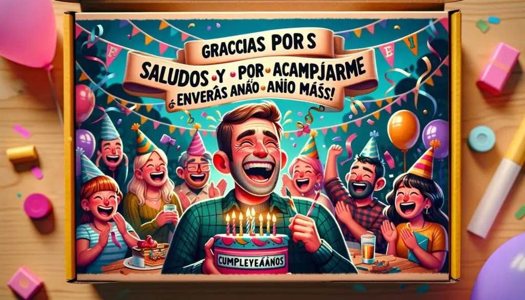 DALL·E 2023 11 06 08.16.57 A cheerful scene with a birthday celebration theme featuring a humorous thank you note for birthday wishes in Spanish. The setting includes a festive