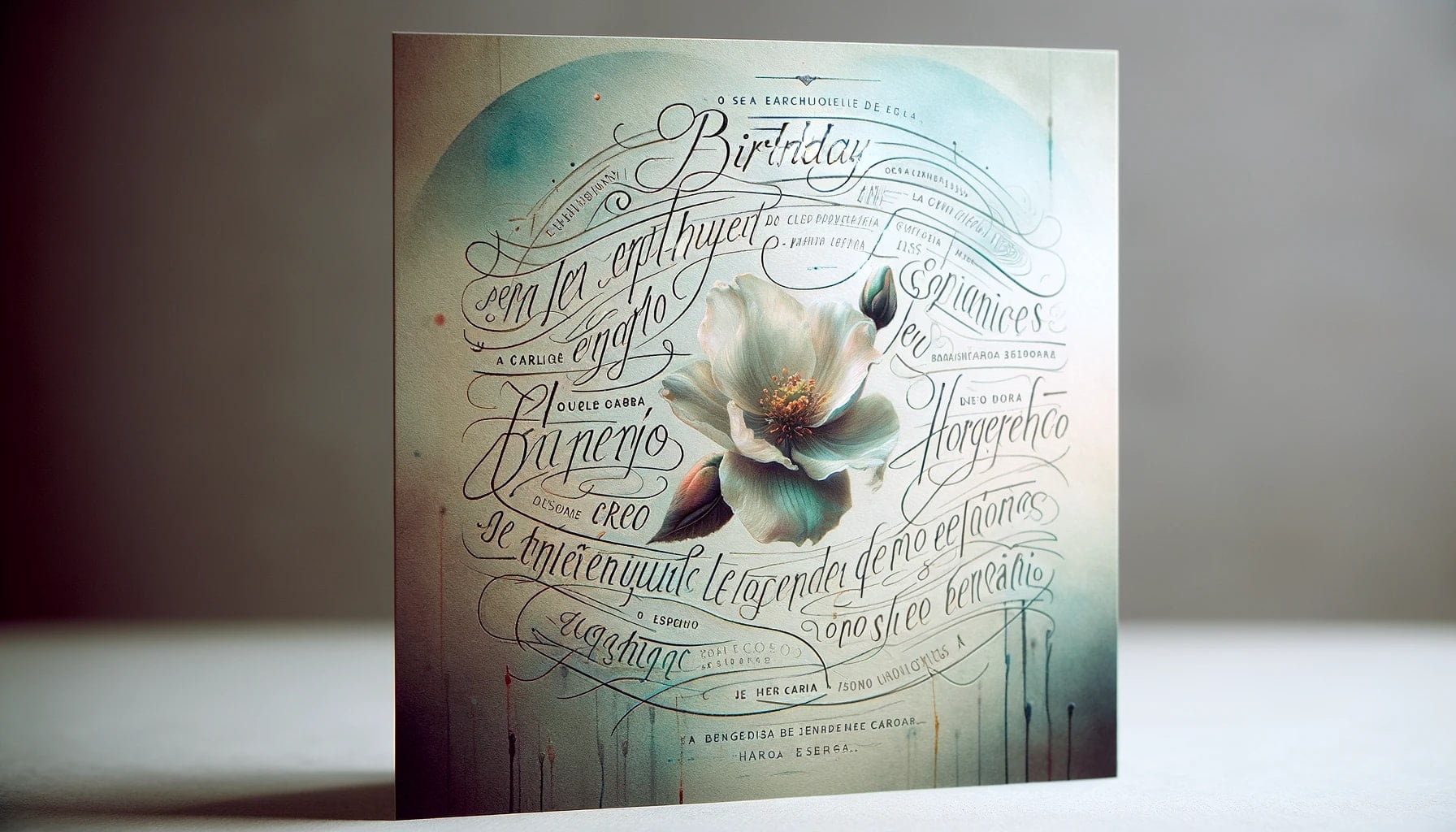 DALL·E 2023 11 08 10.42.07 A serene and reflective birthday greeting card that captures complex emotions. The design is understated and mature featuring an intricate handwritt