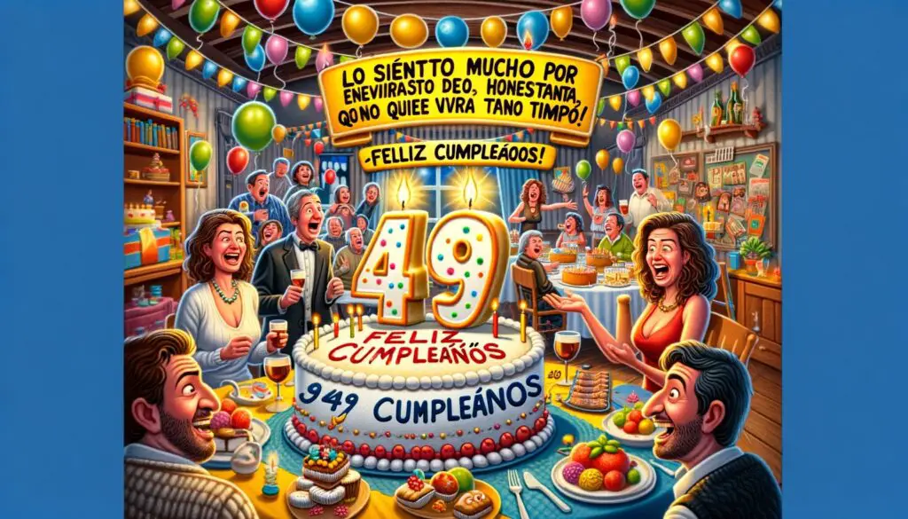 DALL·E 2023 11 17 14.36.20 A festive and humorous scene for a 49th birthday with a theme of Chistoso Feliz 49 Cumpleanos. The setting includes a lively birthday party atmosph