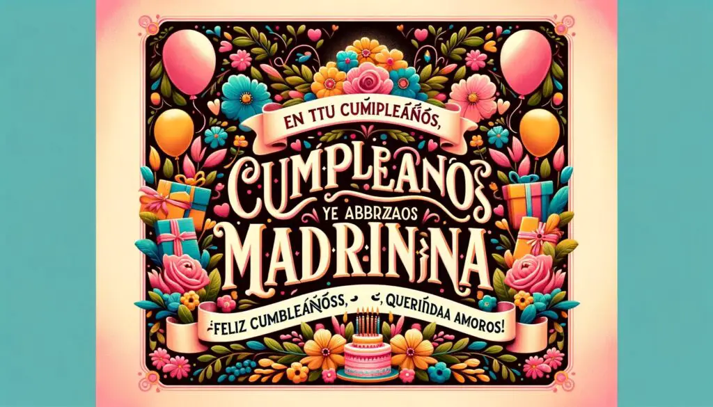 DALL·E 2023 11 19 07.43.27 A 4 3 aspect ratio image with the theme Feliz cumpleanos madrina. The image should feature the quote En tu cumpleanos te envio palabras carinosas