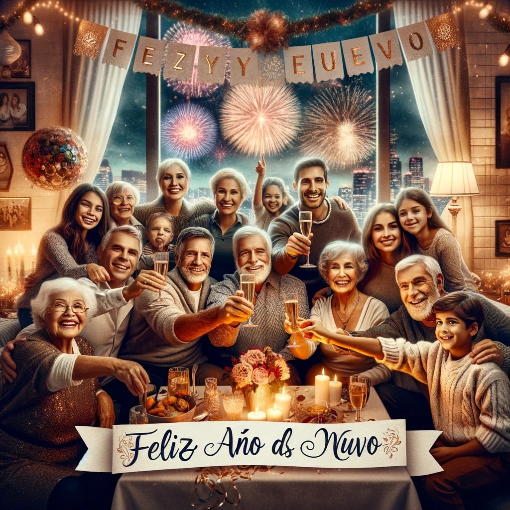 Create image 4:3 for "Feliz año nuevo a la familia" and put a quote in the image. the quote is:  
"Toda la salud y prosperidad del mundo para ti y los tuyos en este nuevo año.
"