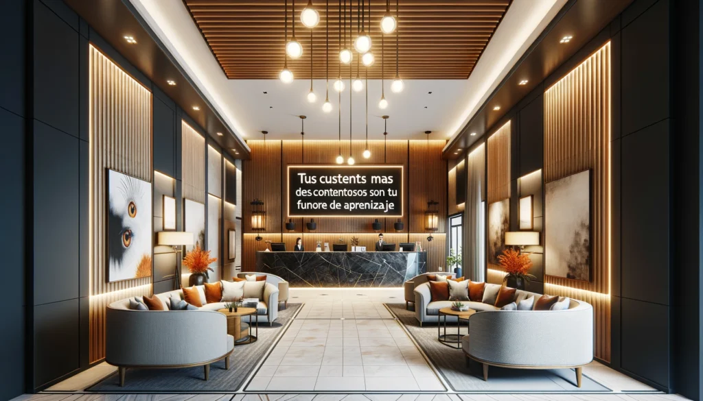 Create image for "frases de hotel" and put a quote in the image. the quote is: "“Tus clientes más descontentos son tu mayor fuente de aprendizaje”" in Horizontal rectangle shape.

