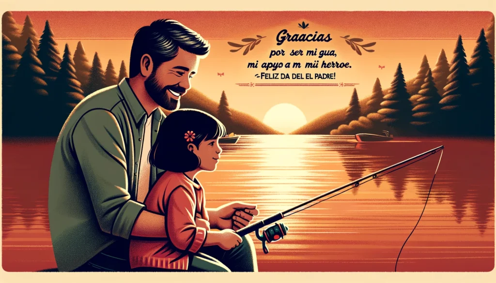 DALL·E 2024 05 16 12.13.37 Create a heartwarming Fathers Day image in a horizontal rectangle shape featuring a father of Hispanic descent in his early 40s with a gentle smile