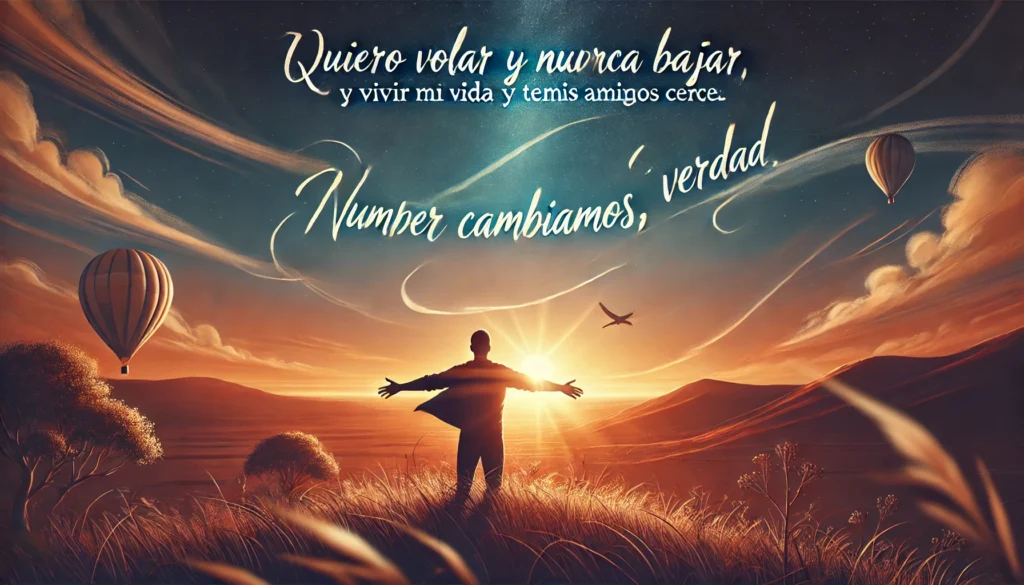 Create image for "'frases de coldplay" and put a written quote in the image. the quote is: "Quiero volar y nunca bajar, y vivir mi vida y tener a mis amigos cerca. Nunca cambiamos, ¿verdad?" in Horizontal rectangle shape.

