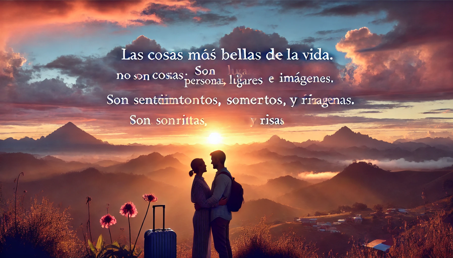 Create image for "'frases de viaje en pareja" and put a written quote in the image. the quote is: "“Las cosas más bellas de la vida no son cosas. Son personas, lugares, recuerdos e imágenes. Son sentimientos, momentos, sonrisas y risas.”" in Horizontal rectangle shape.