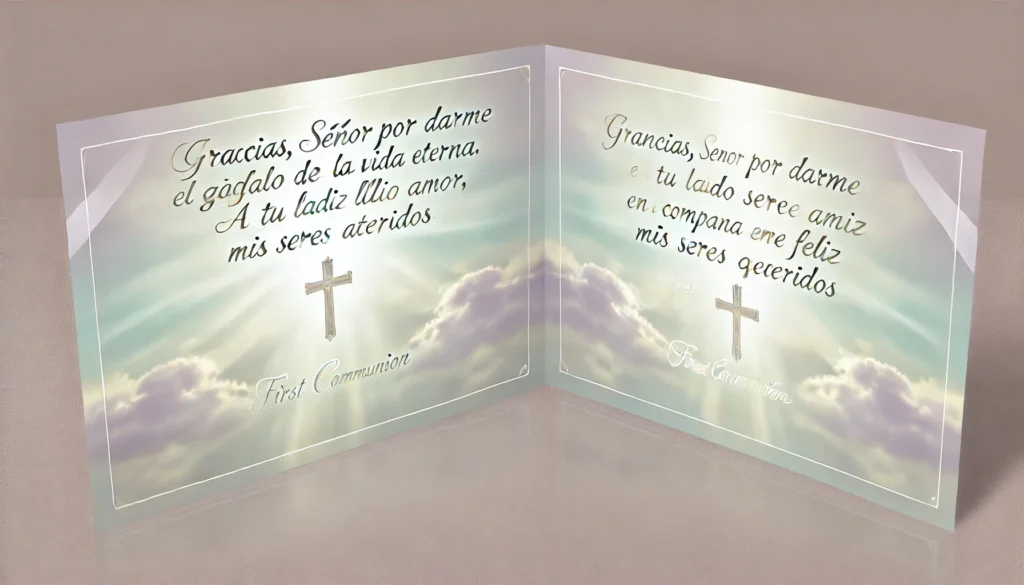 7. Señor Jesús, en este día tan especial en que vengo a recibirte en tu Cuerpo y Sangre te pido que no te apartes de mí, que siempre me acompañes por donde quiera que vaya y que no me olvide que desde el día de hoy vivirás por siempre en mi corazón. Ayúdame a ser solidario y servicial con mi prójimo.
