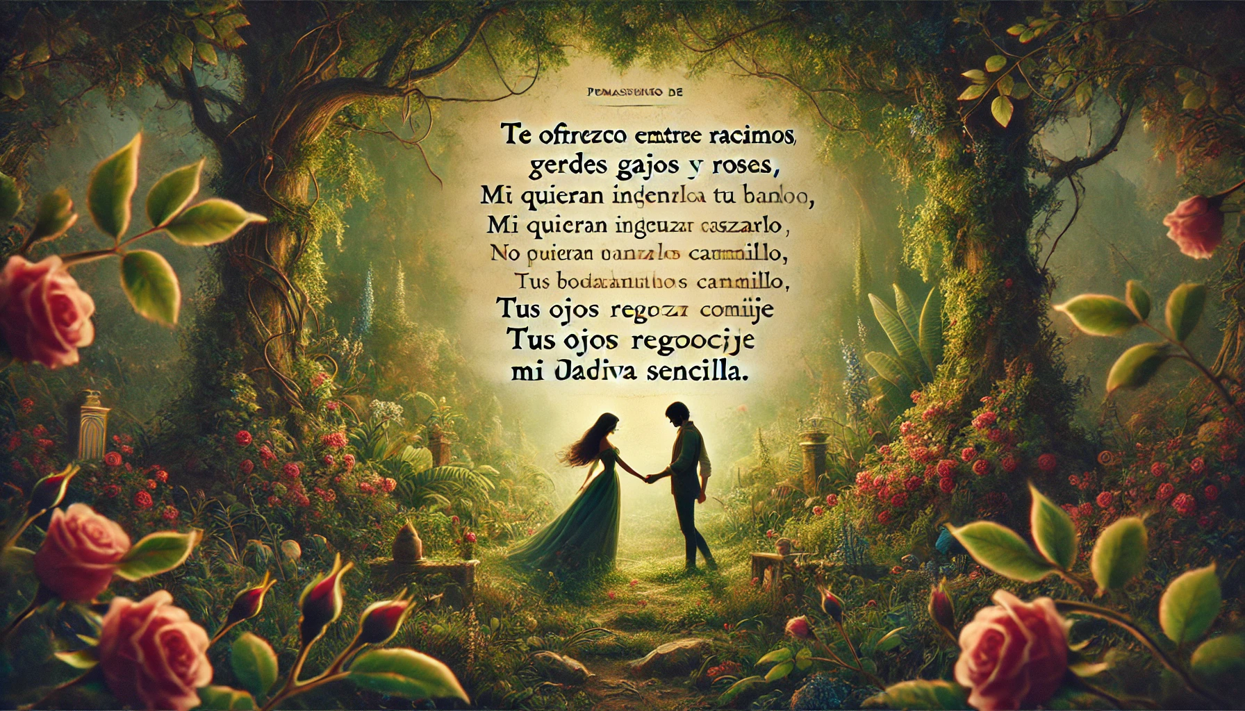 En el jardín umbroso mi cuerpo fatigado Las auras matinales cubrieron de rocío; Como en la paz de un sueño se deslice a tu lado El fugitivo instante que reposar ansío.