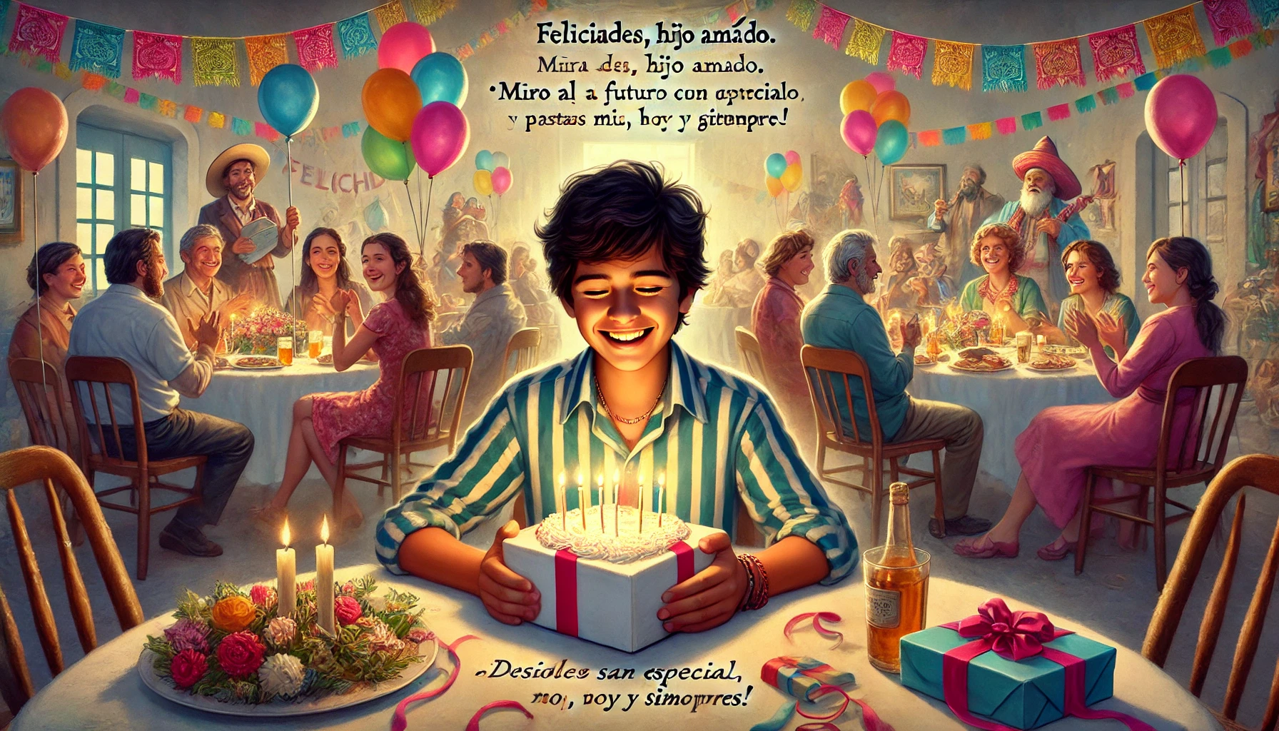 Hijo mío, eres el ejemplo perfecto de todo lo que hice bien en la vida. Que tu vida rebose felicidad, amores y presentes. ¡Felicidades!