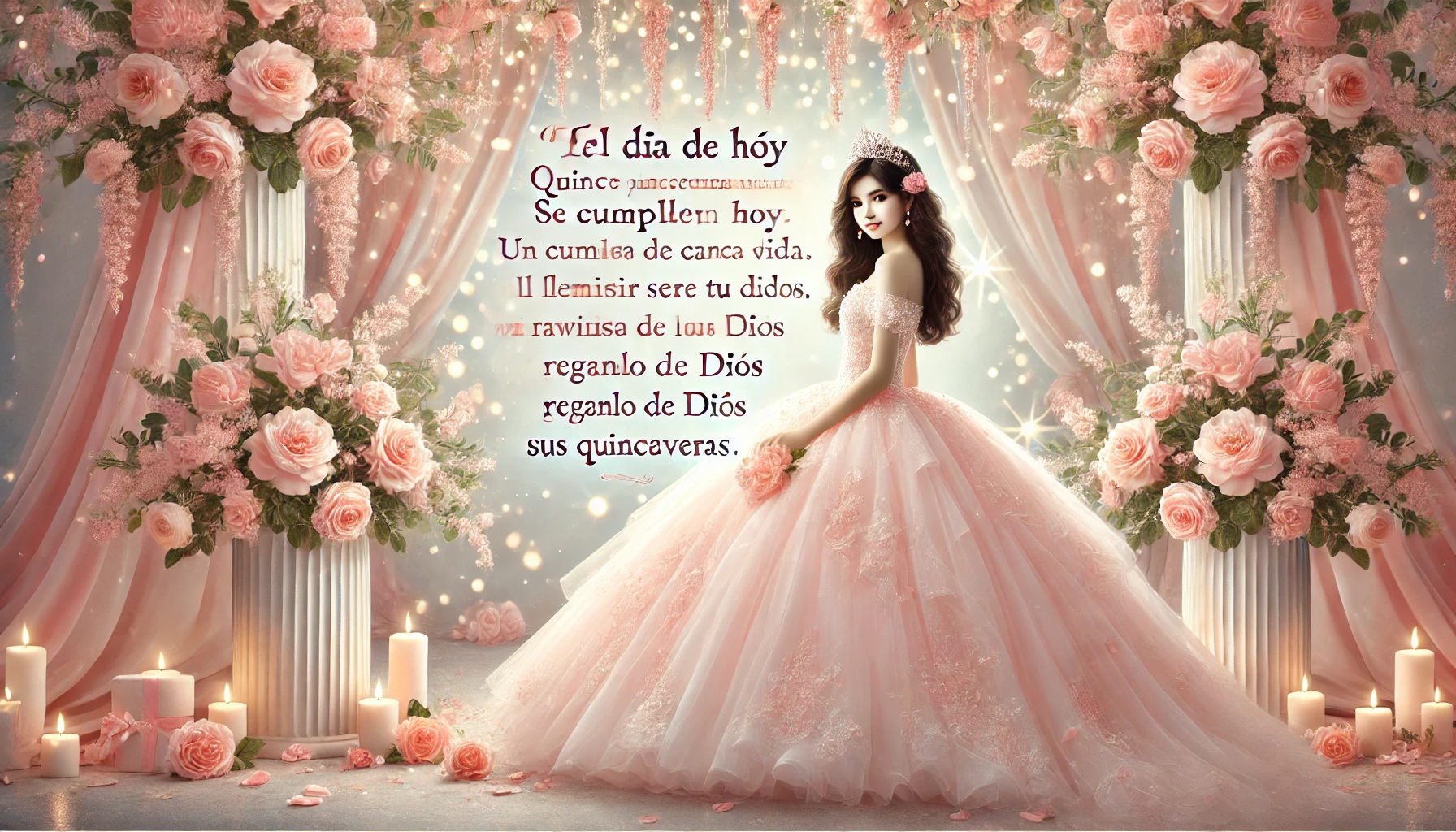 Haz llegado a la edad más bella en la vida de una mujer, los sueños que soñaste de niña hoy se hacen realidad. A través de tu alegría, y guarda siempre la belleza y el encanto de tus maravillosos QUINCE AÑOS.