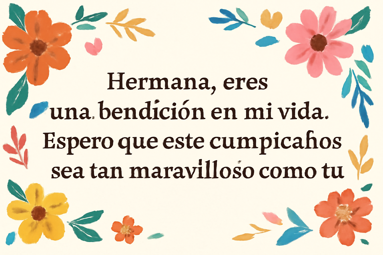 Mensajes de cumpleaños para una hermana que vive lejos: 22 frases emotivas con amor y alegría 1 ¡Feliz cumpleaños a mi hermana favorita! Que este año esté lleno de sorpresas y aventuras emocionantes.